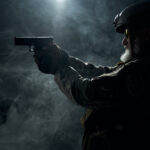 Old Military Officer Pointing With Gun.